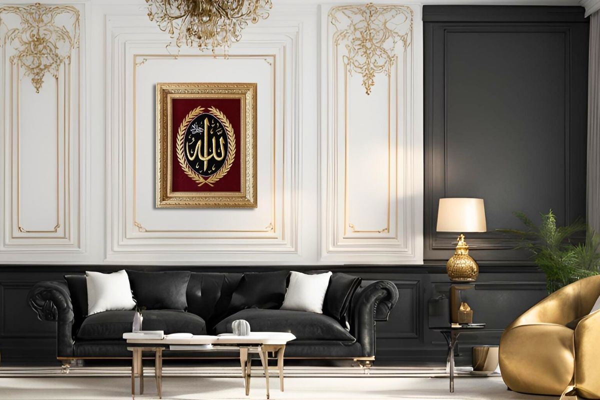 Add elegance to your space with this hand-embroidered Allah calligraphy in silk gold thread, set against a black and red velvet background and framed in luxurious gold. ready to hang, this masterpiece is perfect for Islamic home décor or gifting! Order Online at Handmade Egy for Free UK Delivery. Worldwide Shipping.