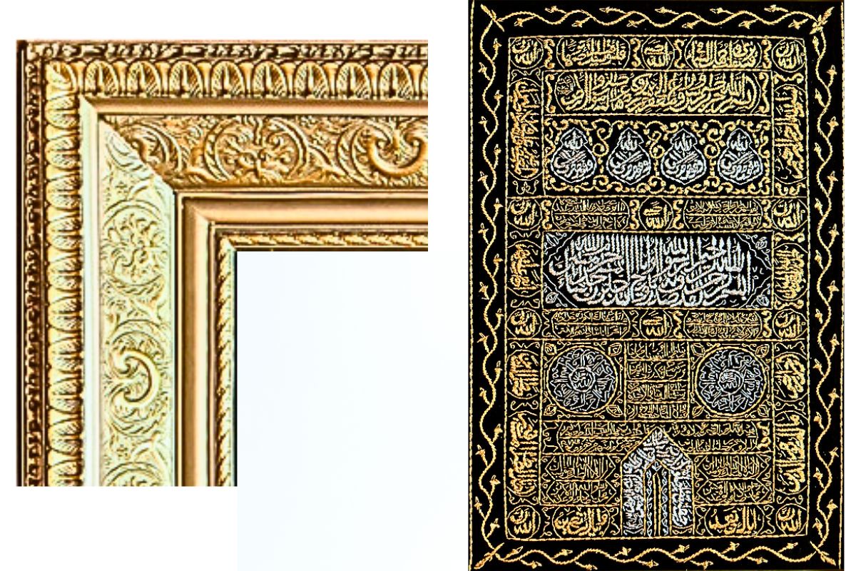 Enhance your space with this hand-embroidered Kaaba Door and Multazam frame, featuring Ayat al-Kursi, Surah Al-Fatiha, and Surah Al-Ikhlas in gold thread. Handcrafted in Egypt and ready to hang, this luxury artwork brings spiritual beauty to your home. Ideal for Islamic décor or gifting! Handmade EGY Wembley London.