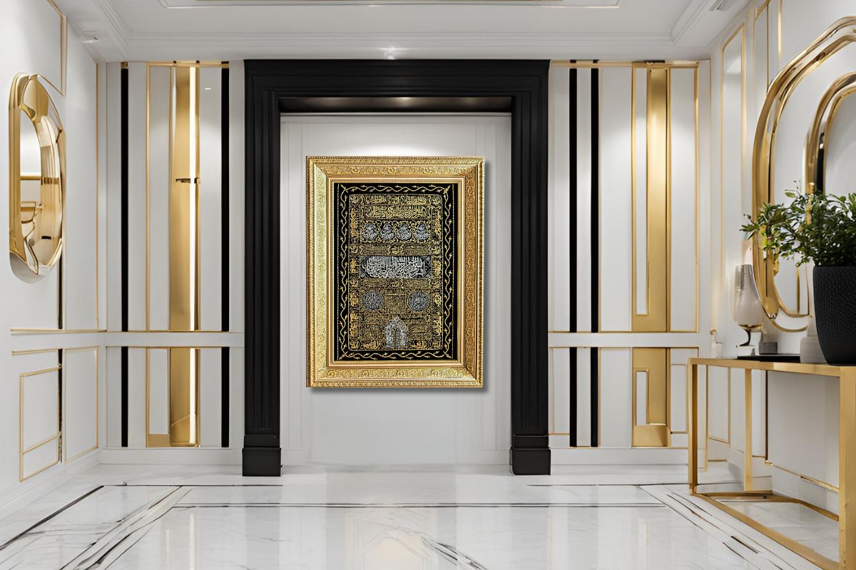 Enhance your space with this hand-embroidered Kaaba Door and Multazam frame, featuring Ayat al-Kursi, Surah Al-Fatiha, and Surah Al-Ikhlas in gold thread. Handcrafted in Egypt and ready to hang, this luxury artwork brings spiritual beauty to your home. Ideal for Islamic décor or gifting! Handmade EGY Wembley London.