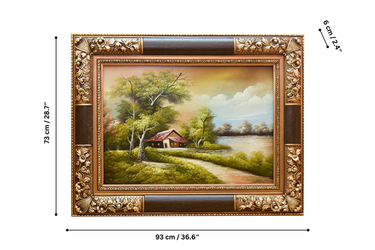 Upgrade your space with this elegant hand-painted wall art from Handmade EGY. Featuring a peaceful riverside cottage in a luxurious gold frame, crafted on durable wood for lasting beauty. Ready to hang, with free UK delivery and global shipping available. Odrer online to enhance your wall decor! Handmade EGY, Wembley.