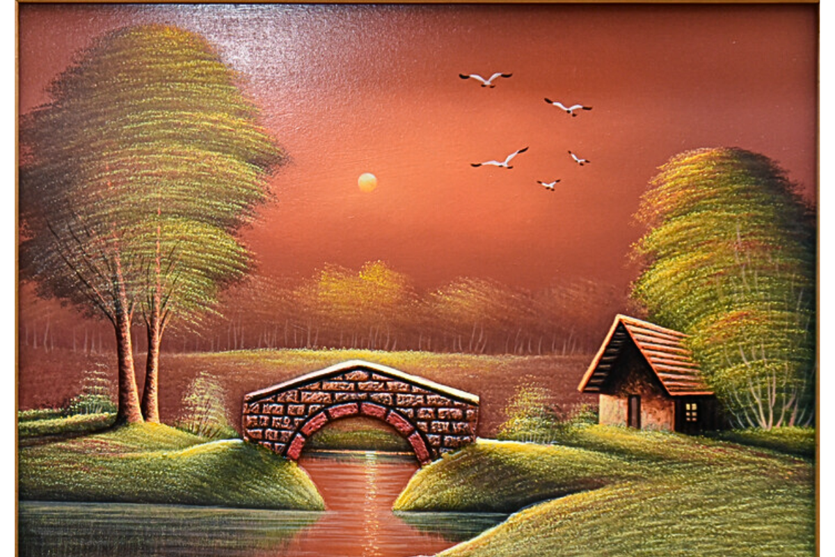 Transform your space with this stunning hand-painted wall art from Handmade EGY. Featuring a serene riverside scene with a 3D bridge, framed in an elegant gold frame and wood finish. Crafted on wood for lasting durability. Ready framed with free UK delivery and worldwide shipping. Shop now to elevate your wall decor!