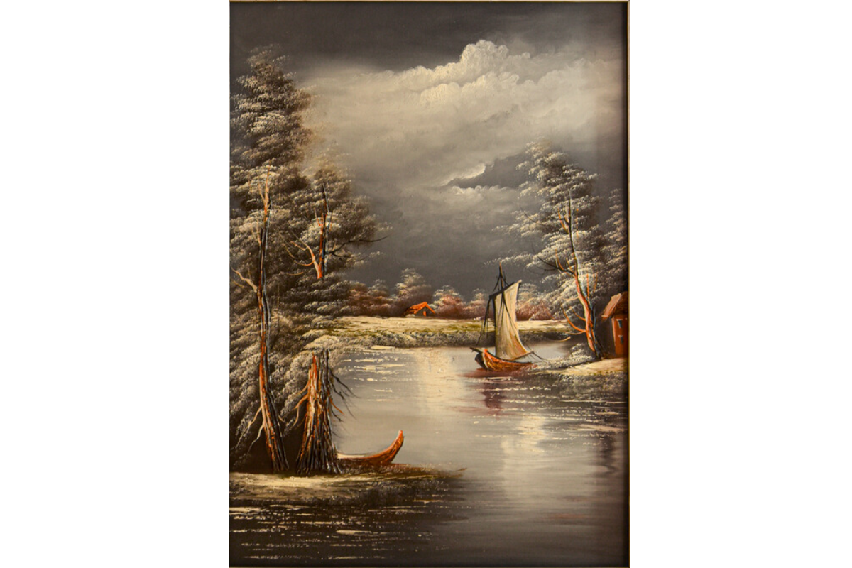 Discover this stunning hand-painted oil painting from Handmade EGY, featuring a dramatic waterscape with sailboats in a luxurious silver frame. Painted on durable wood for longevity and detailed with realism. Ready to hang, with free UK delivery and worldwide shipping. Order now to elevate your decor!