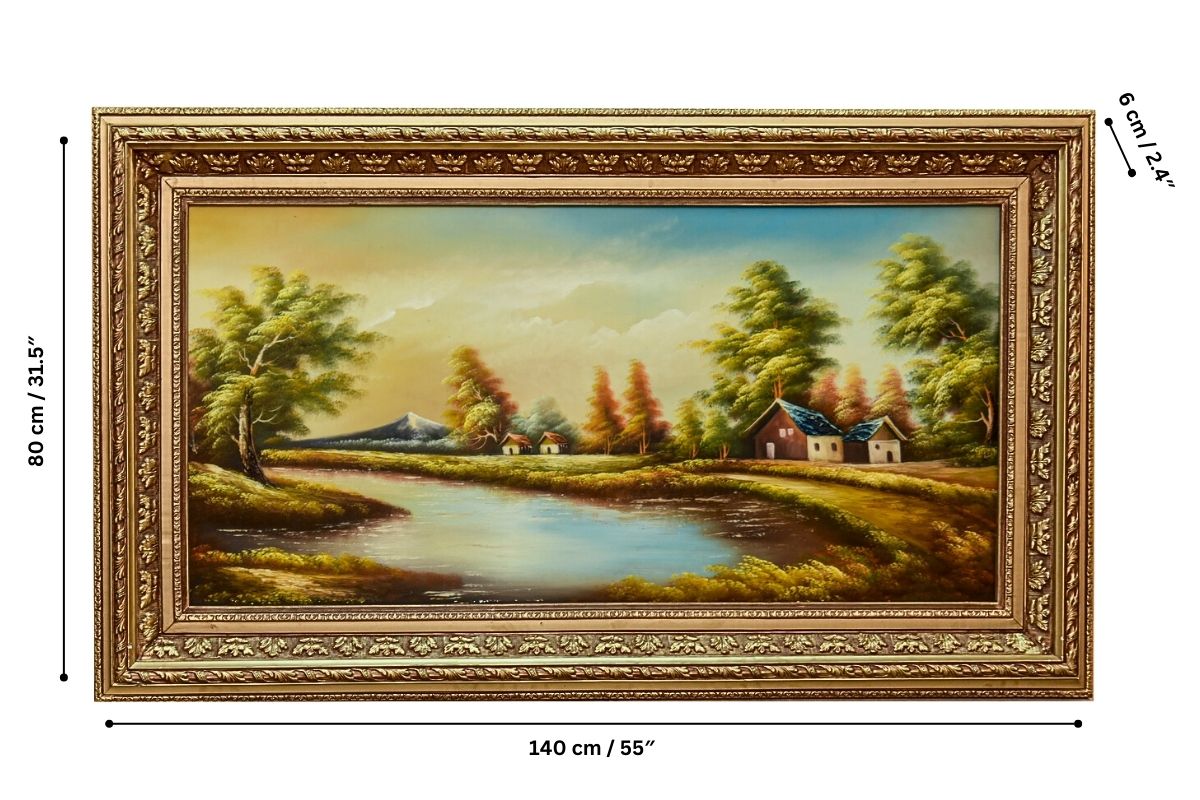 Enhance your space with this hand-painted oil painting from Handmade EGY, showcasing a serene lakeside landscape in a luxurious gold frame. Painted on durable wood for lasting beauty. Ready to hang. Shop now to bring timeless elegance and tranquility to your home decor! Free UK Delivery, fast worldwide Shipping options.