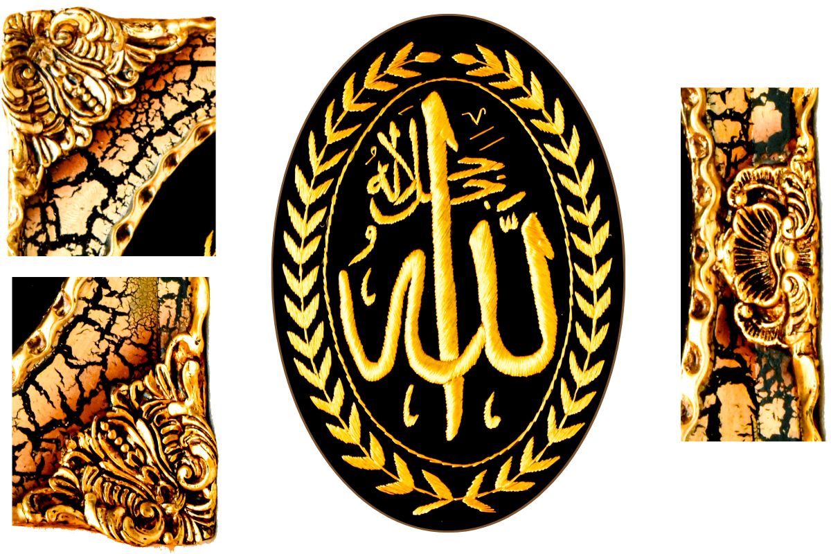 Handcrafted Islamic art Gold silk thread embroidery Allah name wall art Luxurious Islamic decor Marble-effect ornate frame Allah name artwork Islamic gifts Eid decorations Arabic calligraphy Holy wall hangings Premium Islamic artwork Decorative Islamic pieces Islamic faith symbols Unique Islamic presents