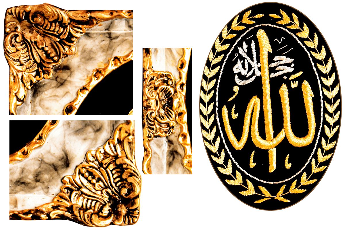 Handcrafted Islamic art Gold purl thread embroidery Allah name wall art Luxurious Islamic decor Marble-effect ornate frame Spiritual home accents Islamic gifts Eid decorations Arabic calligraphy Holy wall hangings Premium Islamic artwork Decorative Islamic pieces Muslim home decor Islamic faith symbols Unique Islamic presents