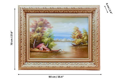 Bring elegance to your home with this hand-painted oil painting from Handmade EGY. Featuring a serene lakeside landscape in a detailed gold frame, it’s painted on durable wood for long-lasting beauty. Ready to hand. Shop now to add timeless tranquility and charm to your decor! Easy Returns, Fast Free UK delivery.