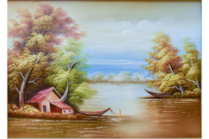 Bring elegance to your home with this hand-painted oil painting from Handmade EGY. Featuring a serene lakeside landscape in a detailed gold frame, it’s painted on durable wood for long-lasting beauty. Ready to hand. Shop now to add timeless tranquility and charm to your decor! Easy Returns, Fast Free UK delivery.