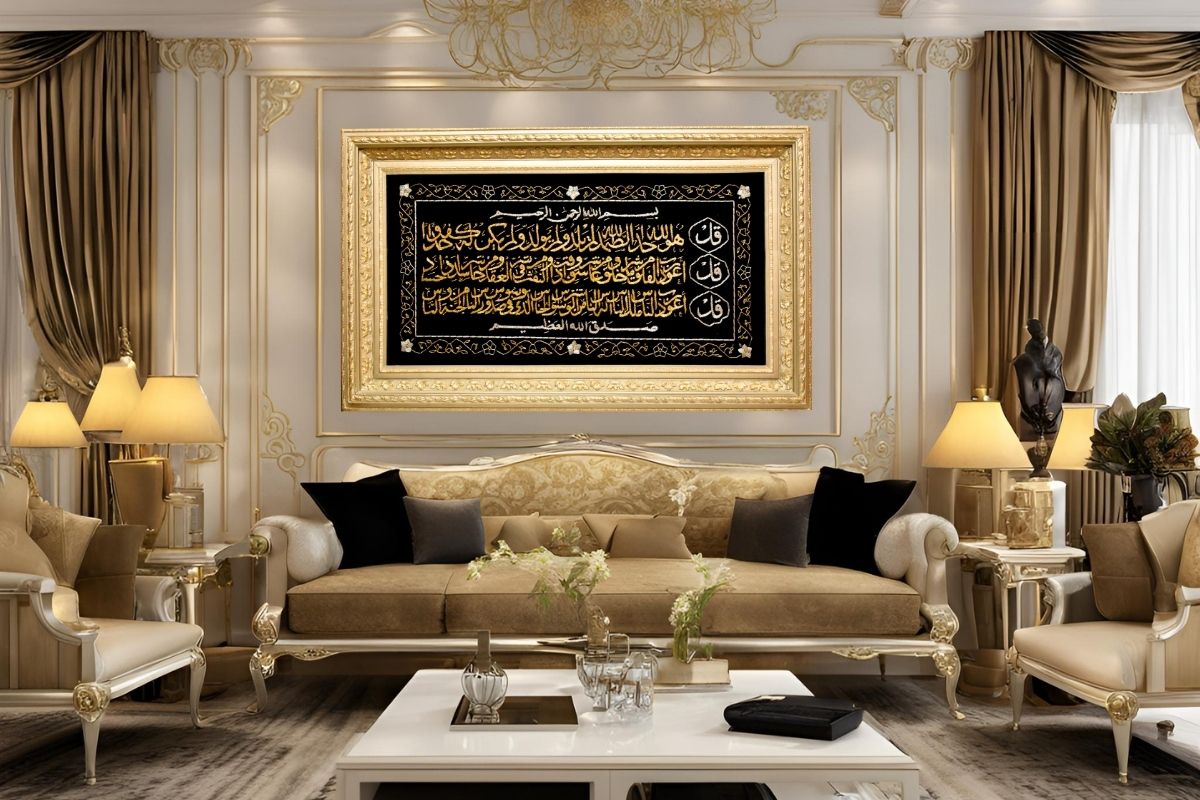 Elevate your home decor with our hand-embroidered 3 Quls framed artwork featuring Surah Al-Falaq, An-Nas, and Al-Ikhlas. Embroidered in shimmering gold thread and framed in a luxurious champagne gold frame, this art piece is ready to hang and designed to add elegance and spiritual significance to your home or office.