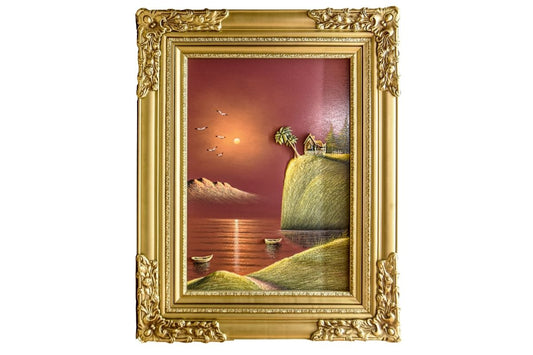 Discover the stunning beauty of our hand-painted oil painting featuring a sunset cliffside retreat with 3D elements. This classical landscape artwork, complete with an elegant gold frame, is perfect for adding tranquility and elegance to any space. Shop now for unique wall art and elevate your home decor