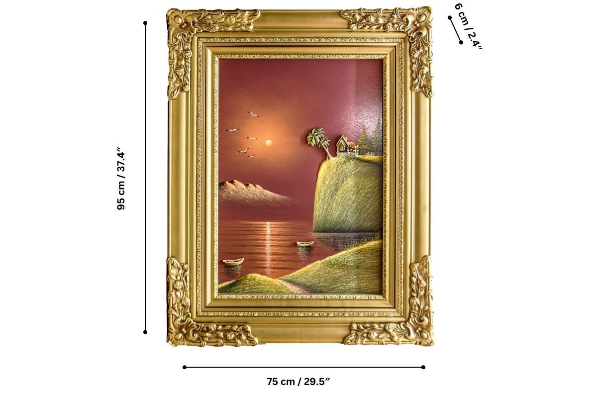 Discover the stunning beauty of our hand-painted oil painting featuring a sunset cliffside retreat with 3D elements. This classical landscape artwork, complete with an elegant gold frame, is perfect for adding tranquility and elegance to any space. Shop now for unique wall art and elevate your home decor