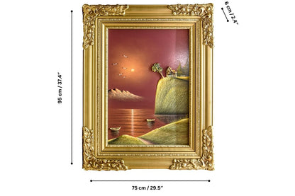 Discover the stunning beauty of our hand-painted oil painting featuring a sunset cliffside retreat with 3D elements. This classical landscape artwork, complete with an elegant gold frame, is perfect for adding tranquility and elegance to any space. Shop now for unique wall art and elevate your home decor