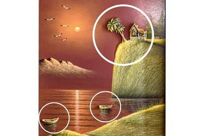 Discover the stunning beauty of our hand-painted oil painting featuring a sunset cliffside retreat with 3D elements. This classical landscape artwork, complete with an elegant gold frame, is perfect for adding tranquility and elegance to any space. Shop now for unique wall art and elevate your home decor