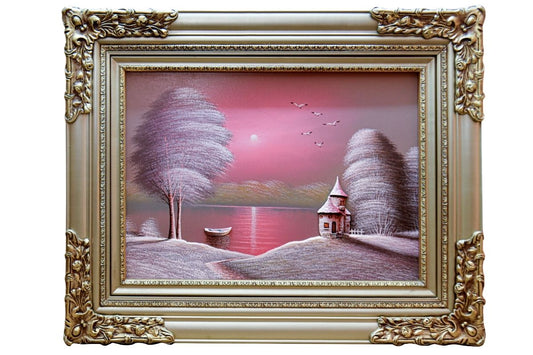 Discover the enchanting beauty of our hand-painted oil painting featuring a lakeside evening scene with 3D elements. This classical landscape artwork, complete with an elegant gold frame, is perfect for adding tranquility and elegance to any space. Shop now for unique wall art and elevate your home decor.