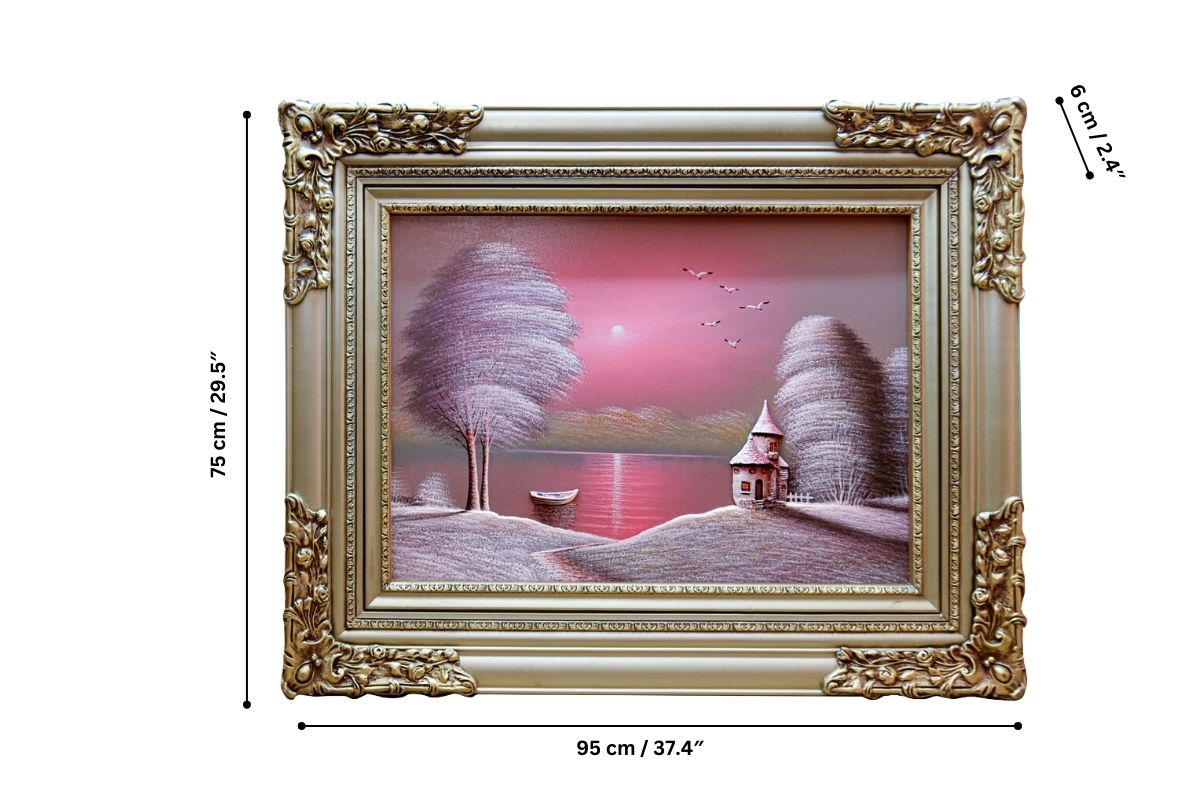 Discover the enchanting beauty of our hand-painted oil painting featuring a lakeside evening scene with 3D elements. This classical landscape artwork, complete with an elegant gold frame, is perfect for adding tranquility and elegance to any space. Shop now for unique wall art and elevate your home decor.