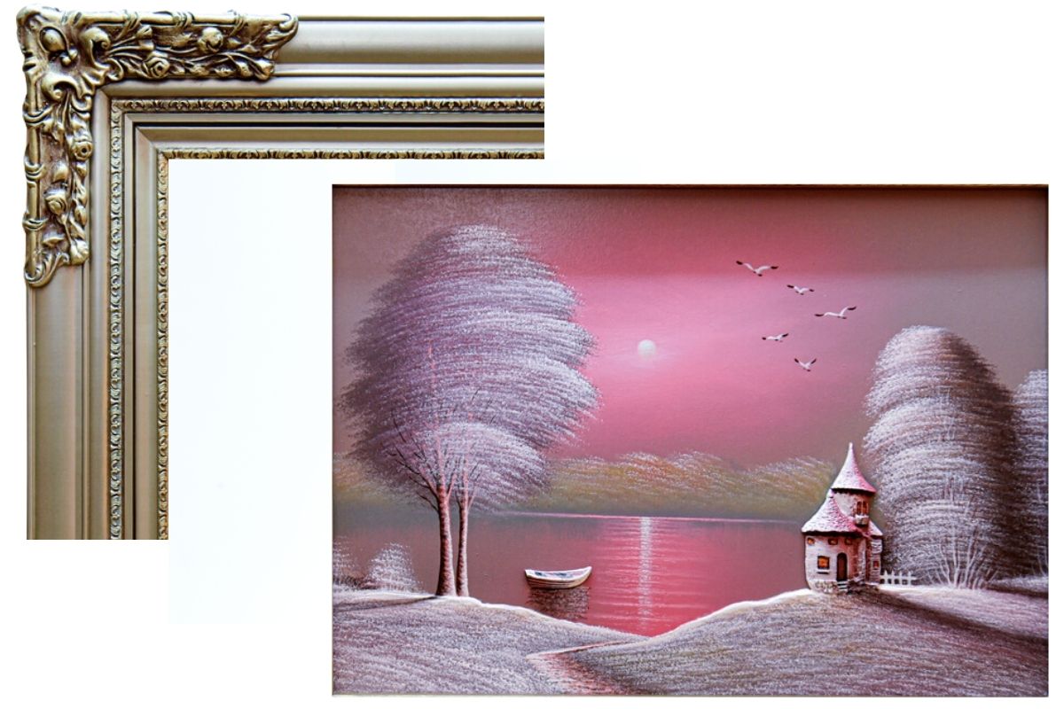 Discover the enchanting beauty of our hand-painted oil painting featuring a lakeside evening scene with 3D elements. This classical landscape artwork, complete with an elegant gold frame, is perfect for adding tranquility and elegance to any space. Shop now for unique wall art and elevate your home decor.