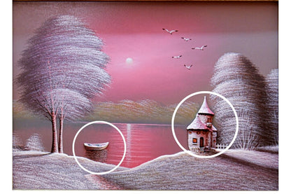 Discover the enchanting beauty of our hand-painted oil painting featuring a lakeside evening scene with 3D elements. This classical landscape artwork, complete with an elegant gold frame, is perfect for adding tranquility and elegance to any space. Shop now for unique wall art and elevate your home decor.