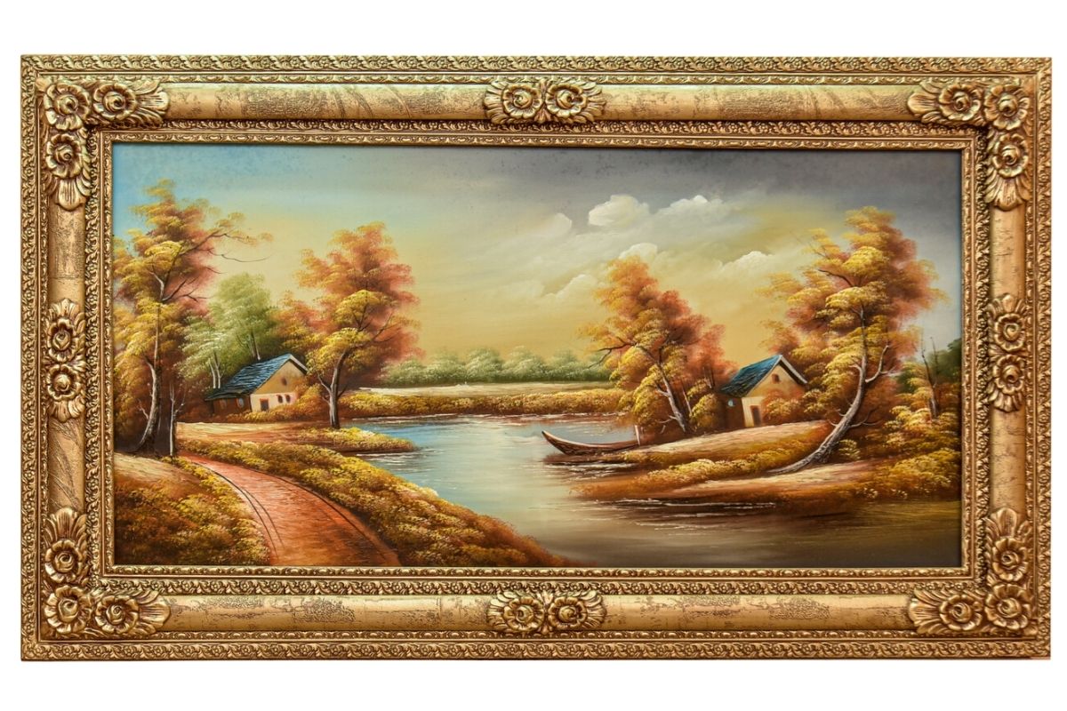 Experience the tranquil beauty of our hand-painted oil painting featuring a serene countryside scene. This classical landscape artwork, complete with a luxurious golden frame, is perfect for adding elegance to any space. Shop now for unique wall art and elevate your home decor