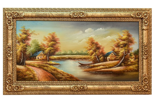 Experience the tranquil beauty of our hand-painted oil painting featuring a serene countryside scene. This classical landscape artwork, complete with a luxurious golden frame, is perfect for adding elegance to any space. Shop now for unique wall art and elevate your home decor