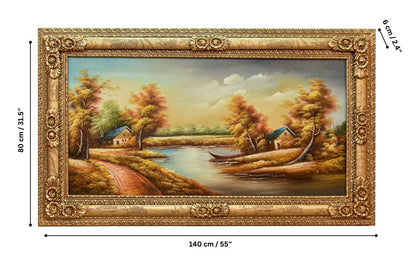 Experience the tranquil beauty of our hand-painted oil painting featuring a serene countryside scene. This classical landscape artwork, complete with a luxurious golden frame, is perfect for adding elegance to any space. Shop now for unique wall art and elevate your home decor