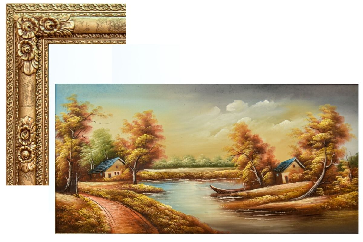 Experience the tranquil beauty of our hand-painted oil painting featuring a serene countryside scene. This classical landscape artwork, complete with a luxurious golden frame, is perfect for adding elegance to any space. Shop now for unique wall art and elevate your home decor