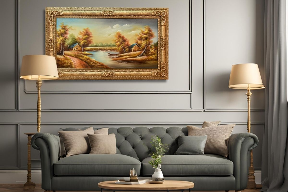 Experience the tranquil beauty of our hand-painted oil painting featuring a serene countryside scene. This classical landscape artwork, complete with a luxurious golden frame, is perfect for adding elegance to any space. Shop now for unique wall art and elevate your home decor