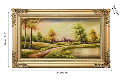 Discover the serene beauty of our hand-painted oil painting featuring a verdant lakeside scene. This classical landscape artwork, complete with an elegant ready to hang golden frame, is perfect for adding tranquility and elegance to any space. Shop now for unique wall art and elevate your home decor.