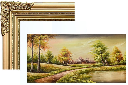 Discover the serene beauty of our hand-painted oil painting featuring a verdant lakeside scene. This classical landscape artwork, complete with an elegant ready to hang golden frame, is perfect for adding tranquility and elegance to any space. Shop now for unique wall art and elevate your home decor.