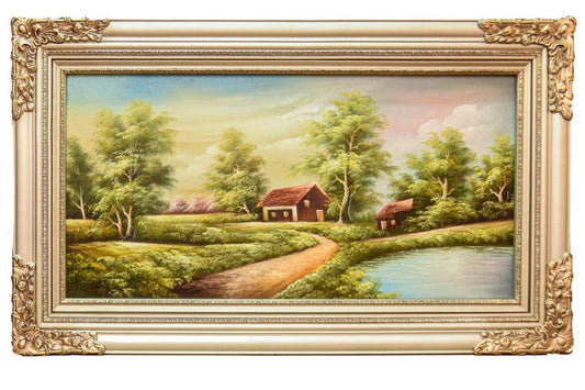 Discover the serene beauty of our hand-painted oil painting featuring a tranquil waterfall village scene. This classical landscape artwork, complete with an elegant champagne frame, is perfect for adding tranquility and elegance to any space. Shop now for unique wall art and elevate your home decor