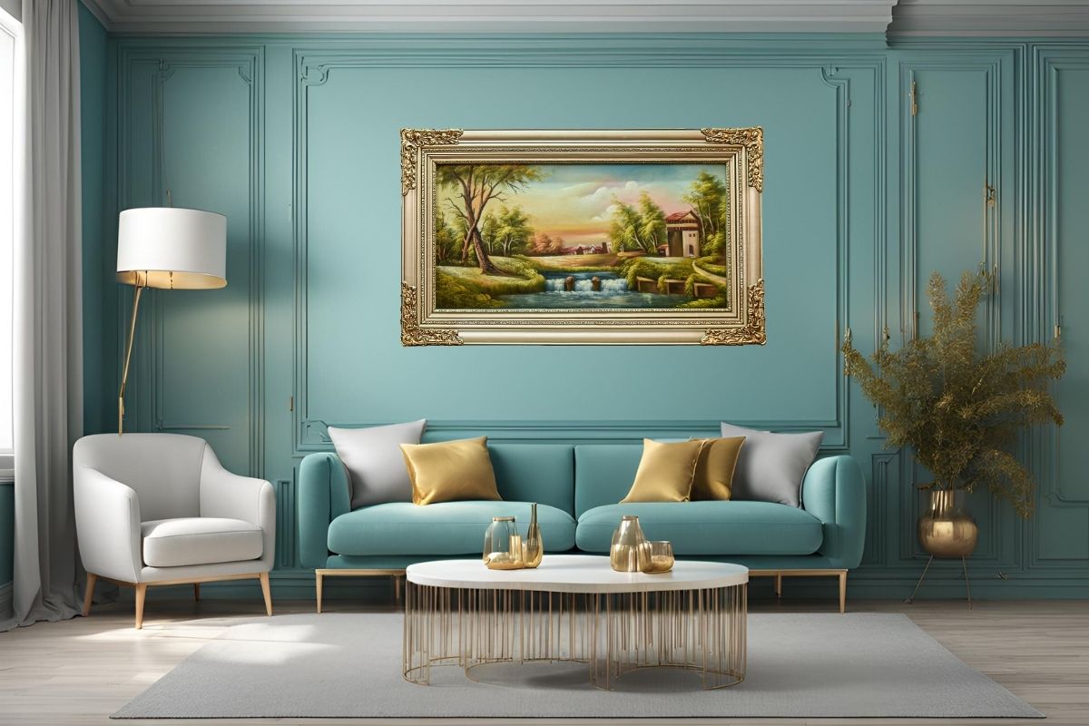 Discover the serene beauty of our hand-painted oil painting featuring a tranquil waterfall village scene. This classical landscape artwork, complete with an elegant champagne frame, is perfect for adding tranquility and elegance to any space. Shop now for unique wall art and elevate your home decor