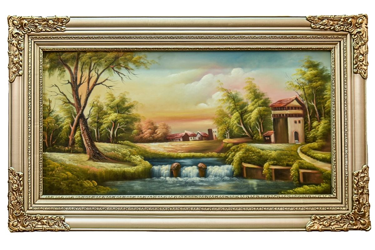 Discover the serene beauty of our hand-painted oil painting featuring a tranquil waterfall village scene. This classical landscape artwork, complete with an elegant champagne frame, is perfect for adding tranquility and elegance to any space. Shop now for unique wall art and elevate your home decor