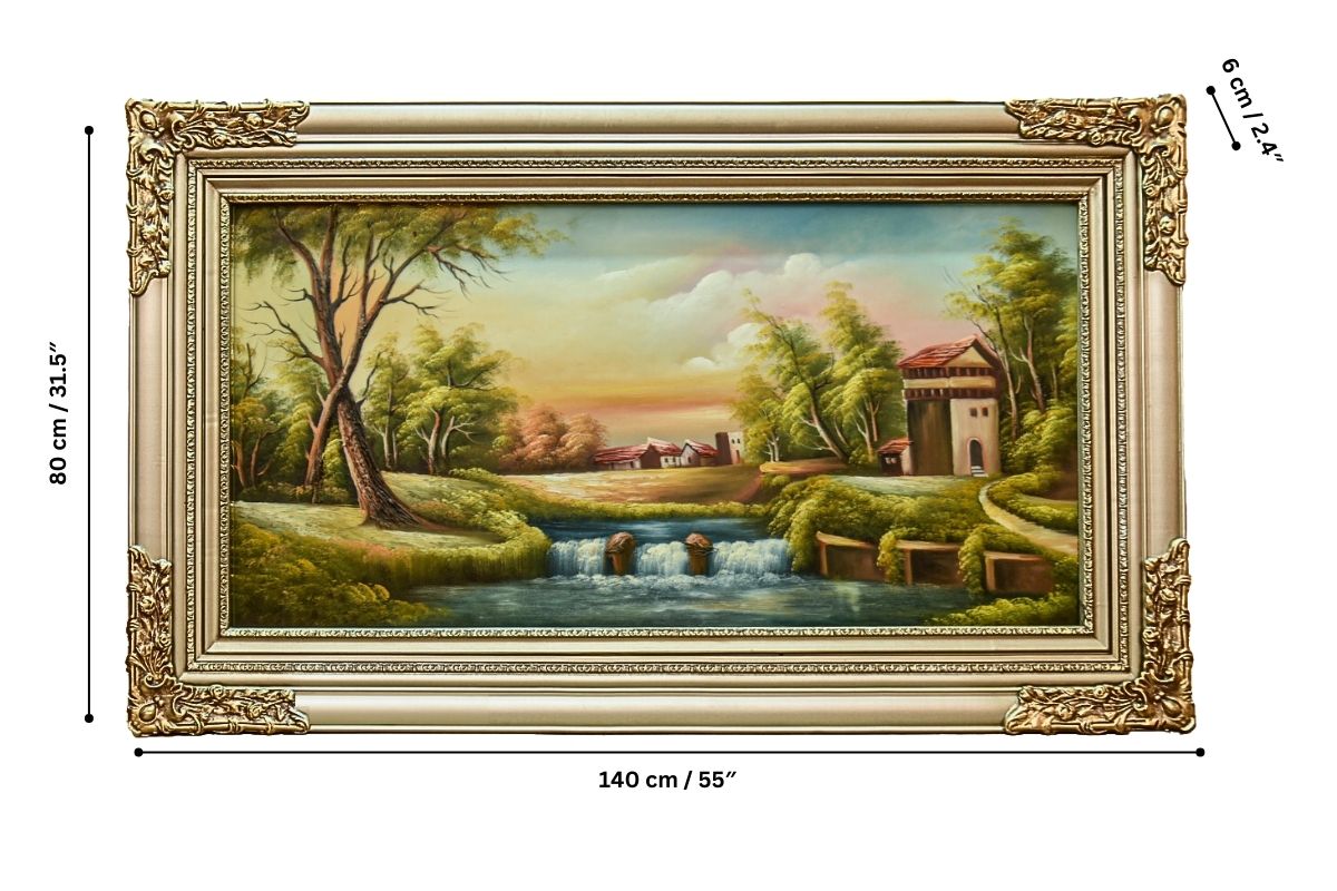 Discover the serene beauty of our hand-painted oil painting featuring a tranquil waterfall village scene. This classical landscape artwork, complete with an elegant champagne frame, is perfect for adding tranquility and elegance to any space. Shop now for unique wall art and elevate your home decor