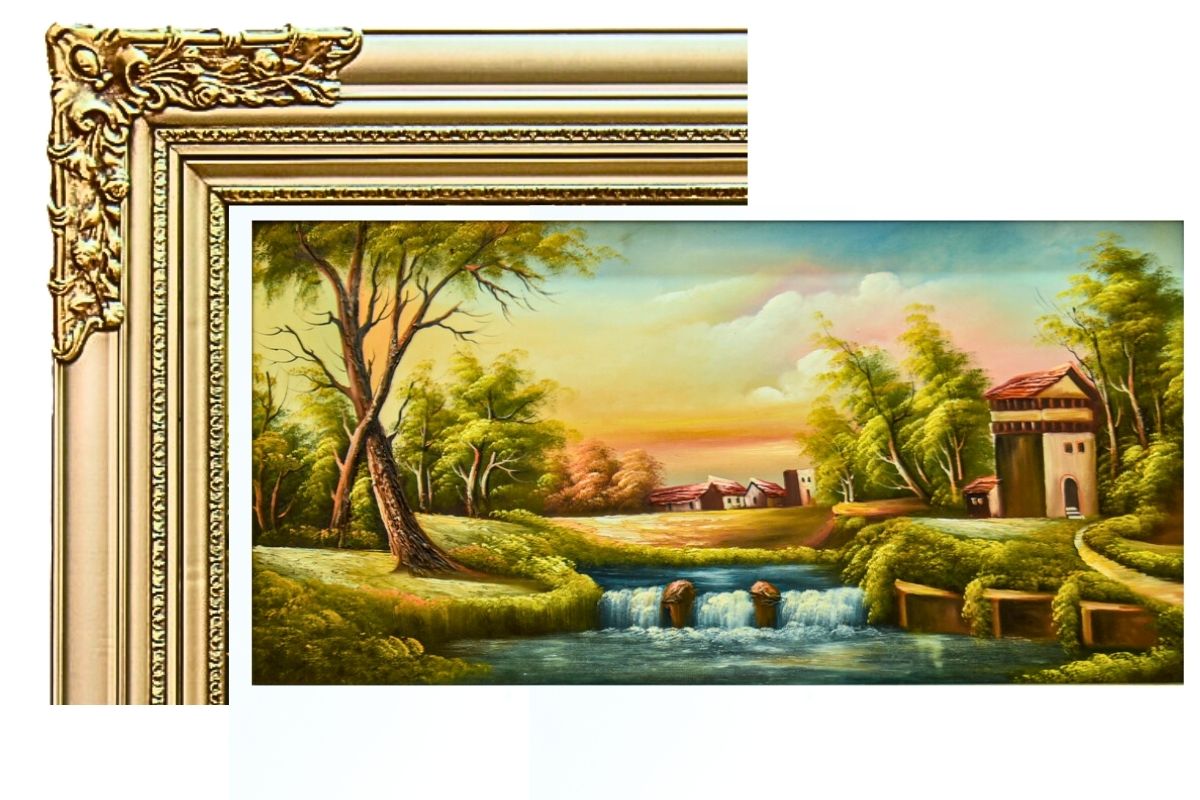 Discover the serene beauty of our hand-painted oil painting featuring a tranquil waterfall village scene. This classical landscape artwork, complete with an elegant champagne frame, is perfect for adding tranquility and elegance to any space. Shop now for unique wall art and elevate your home decor