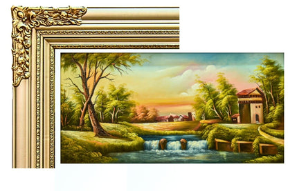 Discover the serene beauty of our hand-painted oil painting featuring a tranquil waterfall village scene. This classical landscape artwork, complete with an elegant champagne frame, is perfect for adding tranquility and elegance to any space. Shop now for unique wall art and elevate your home decor