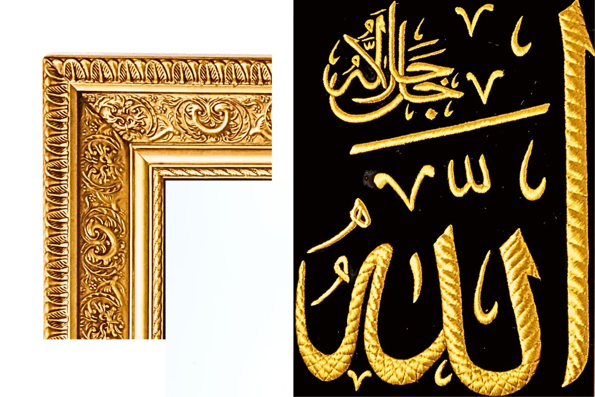 Discover our stunning hand-embroidered Islamic wall art featuring 'Allah' in gold silk thread on a black background. Framed in ornate gold, this piece adds a spiritual touch to any home. Ideal for gifts on special occasions. Free UK delivery—order now from Handmade EGY London and bring timeless artistry into your decor