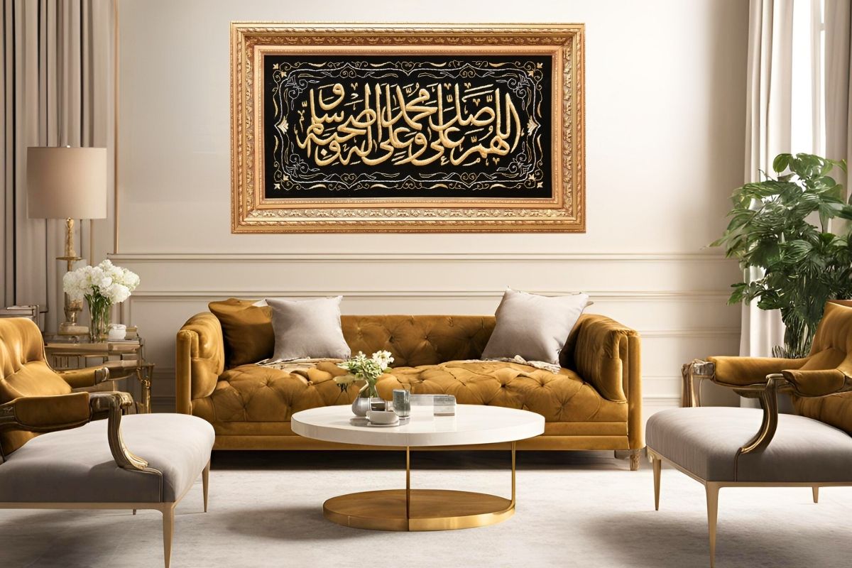 Explore our luxurious hand-embroidered Durood Sharif frame, featuring gold silk thread calligraphy on a black velvet background. Comes framed and ready to hang. Perfect Islamic art for home decor. Handcrafted in Egypt. Handmade EGY, UK. Order Online for Free UK Delivery, worldwide shipping available. Order online now.