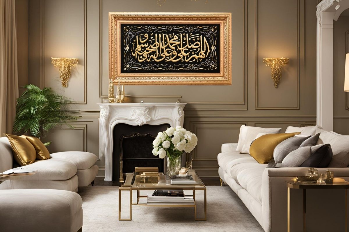 Explore our luxurious hand-embroidered Durood Sharif frame, featuring gold silk thread calligraphy on a black velvet background. Comes framed and ready to hang. Perfect Islamic art for home decor. Handcrafted in Egypt. Handmade EGY, UK. Order Online for Free UK Delivery, worldwide shipping available. Order online now.