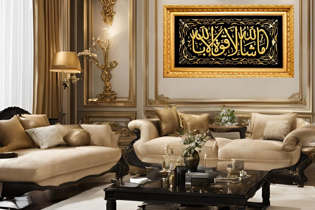 Discover an exquisite hand-embroidered Islamic calligraphy of Ma Shaa Allah La Quowata Ila Billah. This luxury framed art, made with gold silk thread, adds a touch of elegance to any room. Fully framed and ready to hang. Perfect for Islamic home decor. Buy now online for Free UK Delivery! Handmade EGY, Wembley, London. 