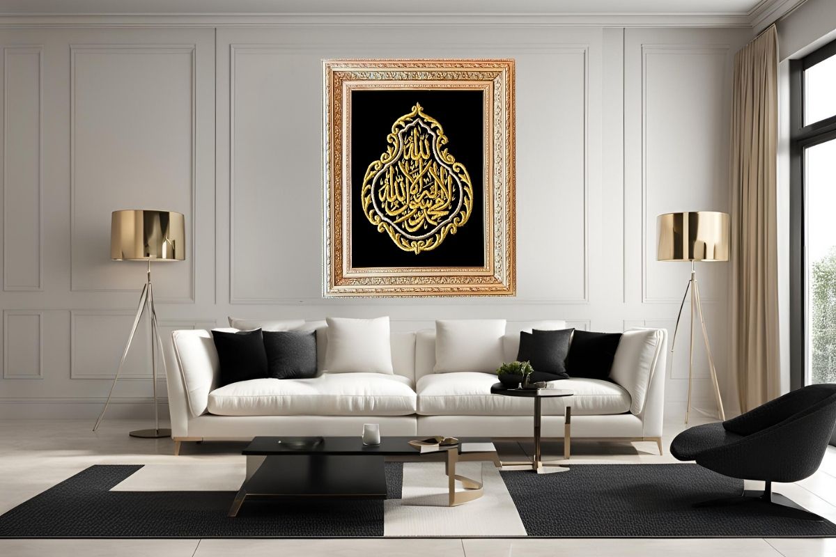 Add elegance and spirituality to your home with this hand-embroidered Kalimah Shahada in silk gold thread, set against a black velvet background and encased in an ornate gold frame. This masterpiece is handcrafted in Egypt and ready to hang. Perfect for Islamic home décor or gifting! Order Now at Handmade EGY London UK