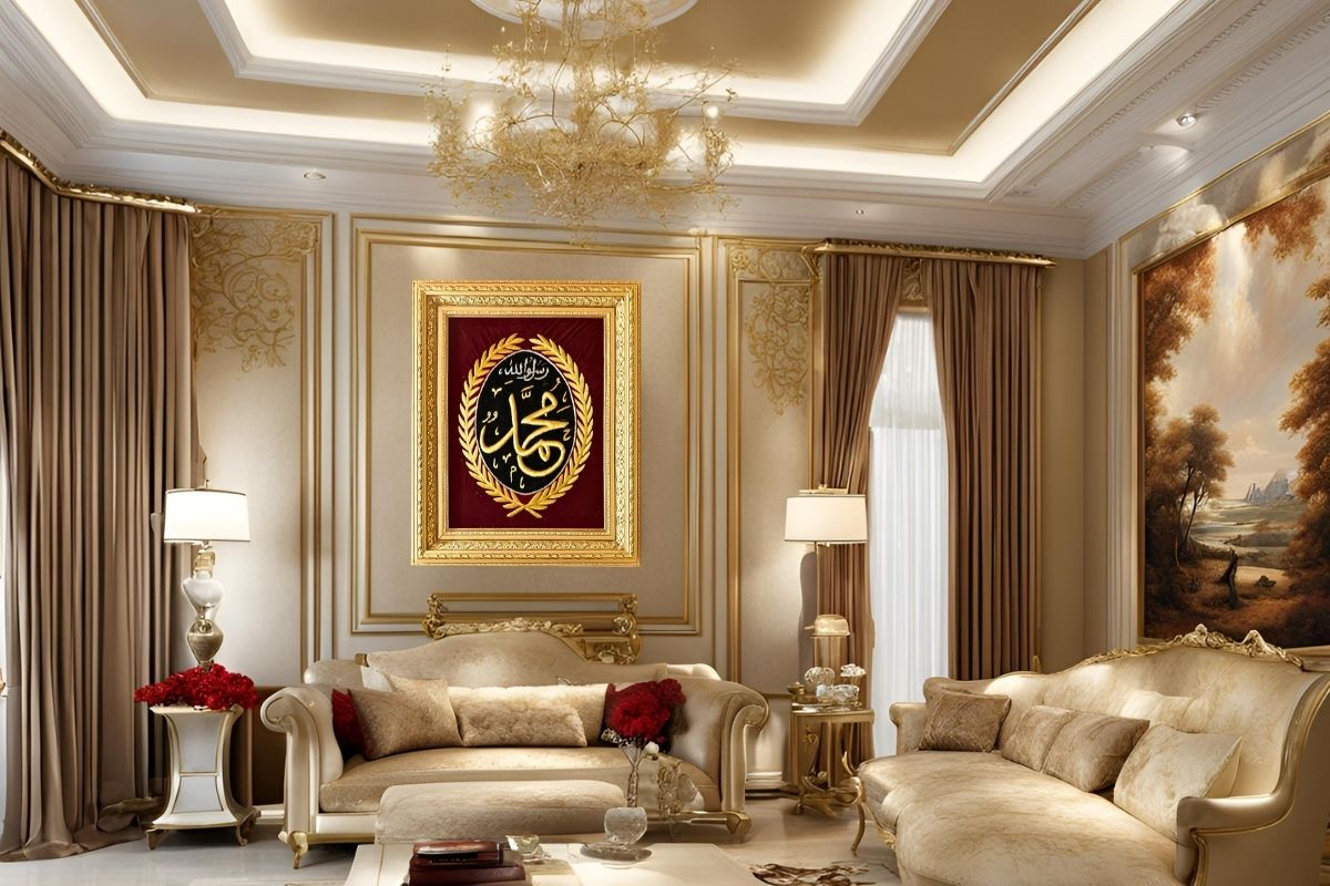 Enhance your home with this hand-embroidered Muhammad calligraphy in silk gold thread, set against a black and red velvet background and framed in a luxurious gold frame. Handcrafted in Egypt and ready to hang, this artwork is perfect for Islamic home décor or gifting! Handmade EGY London. Order Now Free UK Delivery.