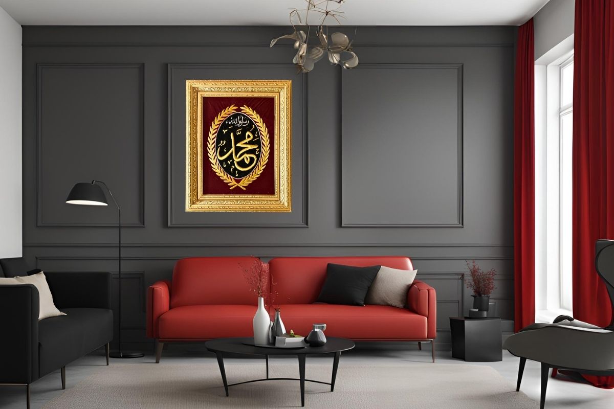 Enhance your home with this hand-embroidered Muhammad calligraphy in silk gold thread, set against a black and red velvet background and framed in a luxurious gold frame. Handcrafted in Egypt and ready to hang, this artwork is perfect for Islamic home décor or gifting! Handmade EGY London. Order Now Free UK Delivery.