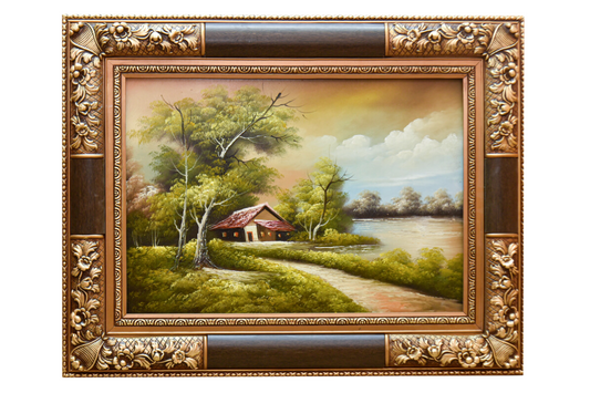 Upgrade your space with this elegant hand-painted wall art from Handmade EGY. Featuring a peaceful riverside cottage in a luxurious gold frame, crafted on durable wood for lasting beauty. Ready to hang, with free UK delivery and global shipping available. Odrer online to enhance your wall decor! Handmade EGY, Wembley.