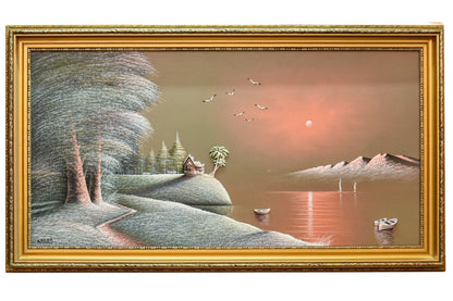 Enhance your home with this stunning hand-painted wall art from Handmade EGY. Featuring a tranquil sunset lakeside scene with 3D elements, framed in an elegant gold frame and crafted on wood for lasting durability. Ready to hang oil painting with free UK delivery and global shipping. Shop now to elevate your wall decor!