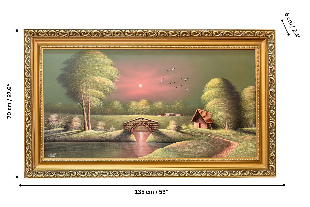 Transform your space with this exquisite hand-painted wall art from Handmade EGY. Featuring a tranquil countryside landscape with 3D elements, framed in an elegant gold frame. Crafted on durable wood for lasting beauty. Ready framed, with free UK delivery and worldwide shipping. Shop now to elevate your decor! Order Now