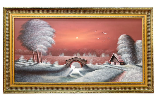 Upgrade your decor with this breath-taking hand-painted wall art from Handmade EGY. Featuring a serene lakeside cottage at twilight with 3D elements, framed in a luxurious gold frame, painted on wood. Ready to hang, with free UK delivery and worldwide shipping. Shop now to enhance your space or for a perfect gift!