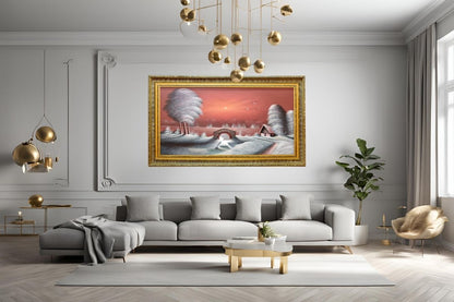 Upgrade your decor with this breath-taking hand-painted wall art from Handmade EGY. Featuring a serene lakeside cottage at twilight with 3D elements, framed in a luxurious gold frame, painted on wood. Ready to hang, with free UK delivery and worldwide shipping. Shop now to enhance your space or for a perfect gift!