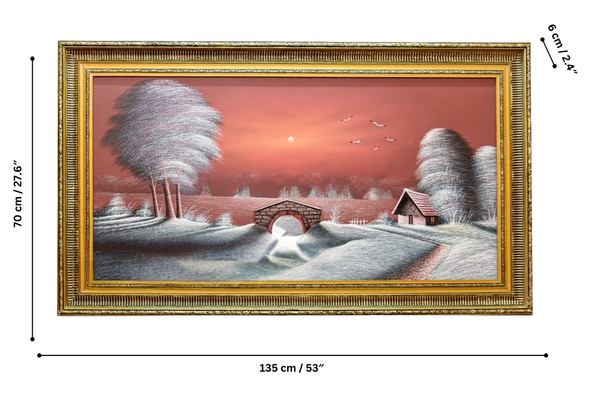 Upgrade your decor with this breath-taking hand-painted wall art from Handmade EGY. Featuring a serene lakeside cottage at twilight with 3D elements, framed in a luxurious gold frame, painted on wood. Ready to hang, with free UK delivery and worldwide shipping. Shop now to enhance your space or for a perfect gift!